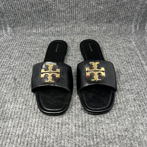 NEW Tory Burch Eleanor Slide Sandals Black Leather Gold Logo Flat Women’s 11 M - Picture 1 of 7